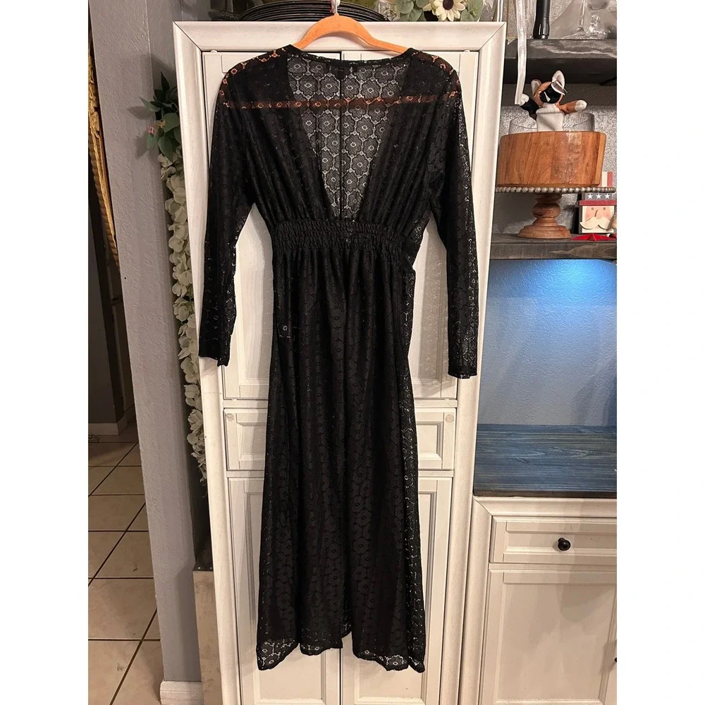 Black Sheer Lace Duster Maxi Cardigan Long Sleeve Beach Cover up